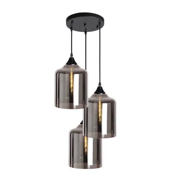 Rada Lighting 3 light round black braided cable complete with black ceiling plate, lamp holder and silver hand blown glass shade