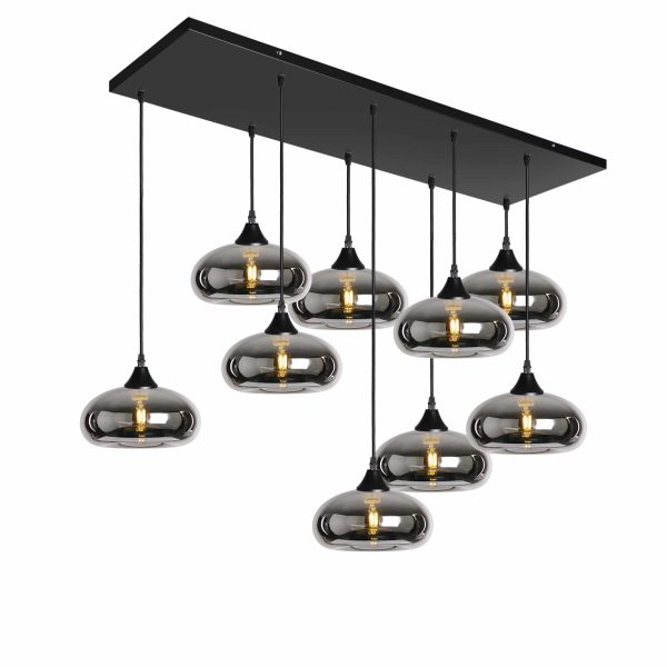 Rada Lighting 9 light rectangular plate black braided cable complete with black ceiling plate, lamp holder and smoke hand blown glass shade