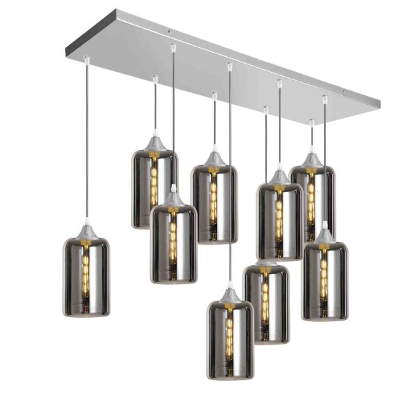 Rada Lighting 9 light rectangular plate silver braided cable complete with silver ceiling plate, lamp holder and smoke hand blown glass shade