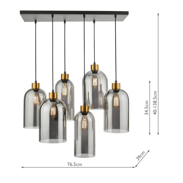 Alma 6 Light Bar Pendant Matt Black Smoked Glass - Image 6