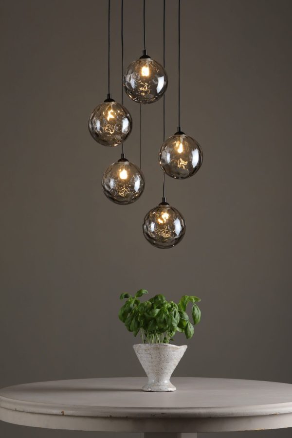 Federico 5 Light Cluster Pendant Matt Black Smoked Dimpled Glass - Image 3