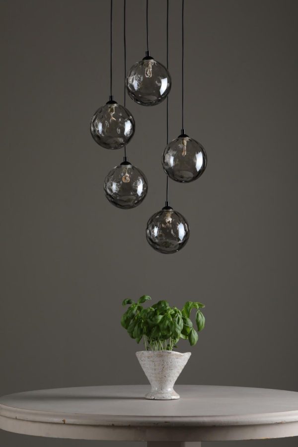 Federico 5 Light Cluster Pendant Matt Black Smoked Dimpled Glass - Image 4