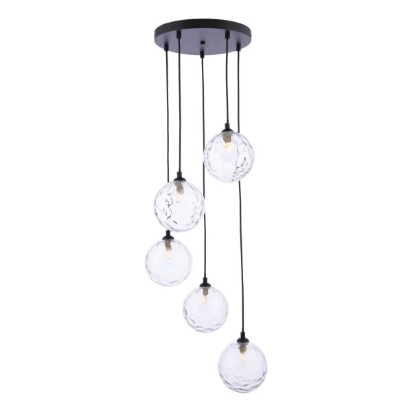 Federico 5 Light Cluster Pendant Matt Black Clear Dimpled Glass