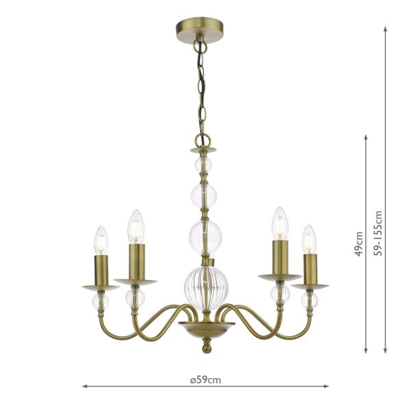 Lyzette 5 Light Armed Fitting Aged Brass Ribbed Glass - Image 10