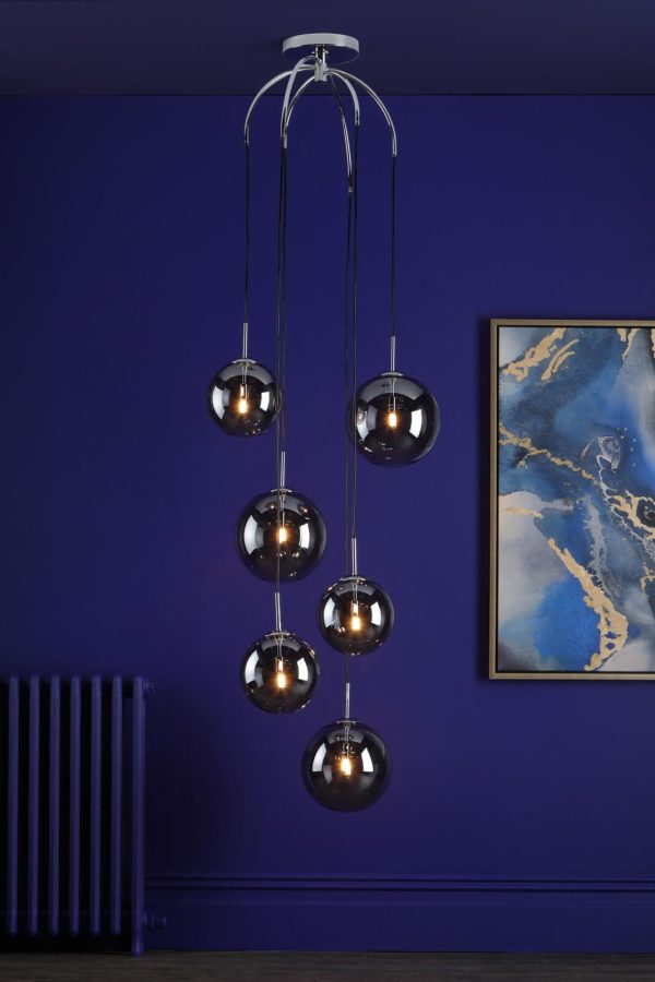 Nico 6 Light Cluster Pendant Polished Chrome Smoked Glass - Image 2