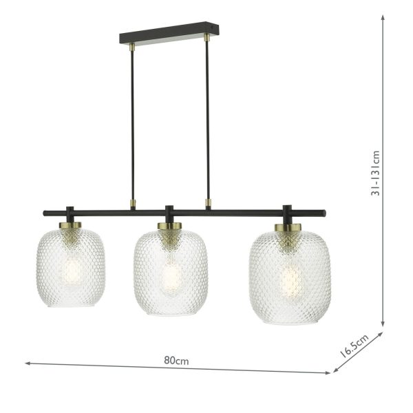 Tehya 3 Light Bar Pendant Matt Black Textured Glass - Image 8