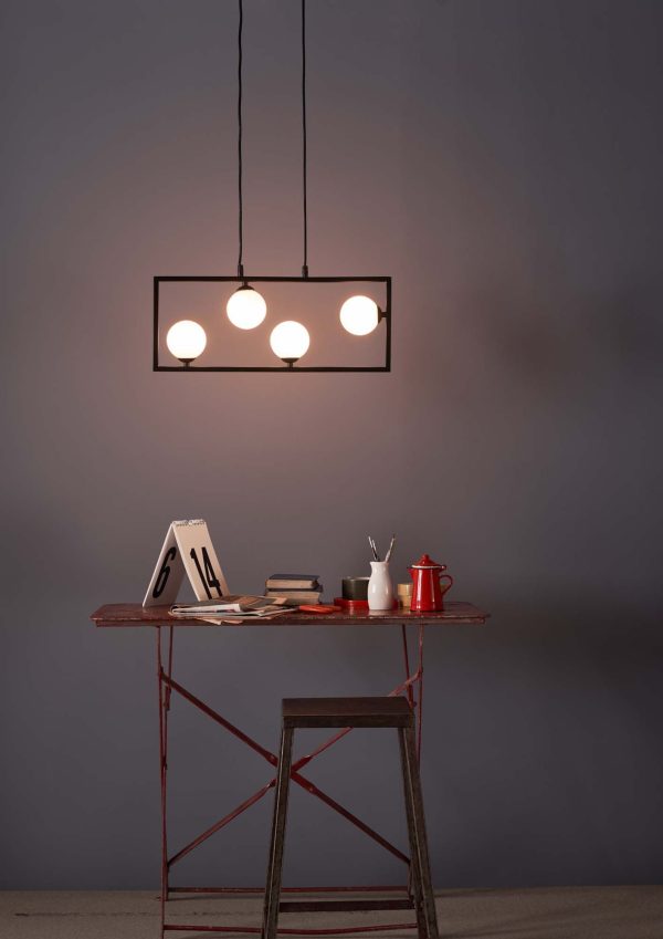 Ensio 4 Light Pendant Matt Black & Opal Glass - Image 2