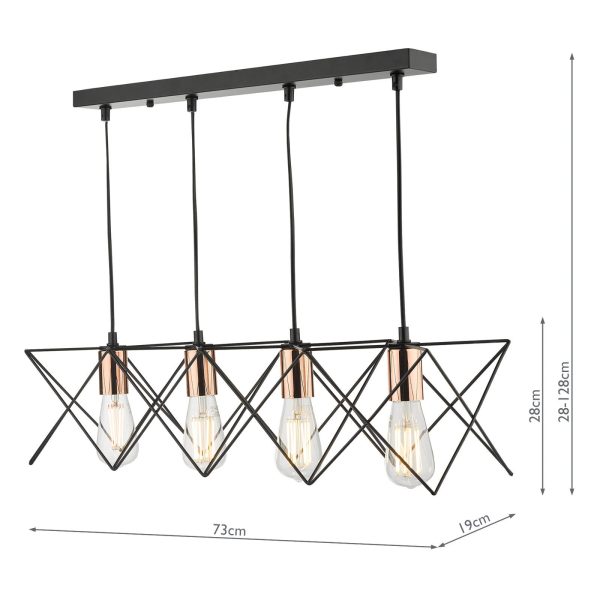 Midi 4 Light Bar Pendant Black & Bright Copper Detail - Image 10