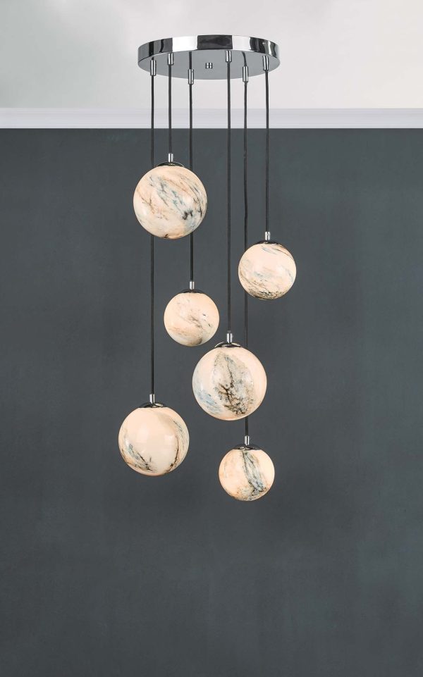 Mikara 6 Light Cluster Pendant Marble Effect Glass & Polished Chrome - Image 4