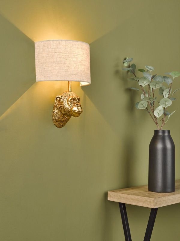 Raul Monkey Wall Light Gold C/W Natural Linen Shade - Image 7