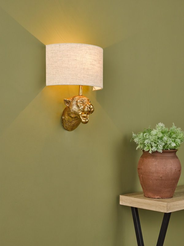 Ruri Leopard Wall Light Gold C/W Natural Linen Shade - Image 5