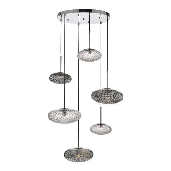 Bibiana 6 Light Cluster Pendant Clear And Smoked Textured Glass Polished Chrome