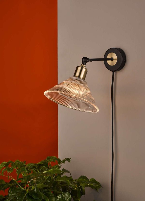 Boyd Wall Light Antique Brass & Matt Black With Glass Shade - Plug In - Image 4