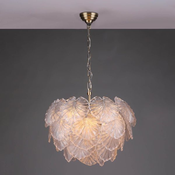 Courtney 10 Light Pendant Textured Glass and Antique Brass - Image 5