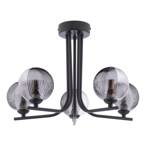 Cradle 5 Light Semi-Flush Matt Black & Smoked/Clear Ribbed Glass - Image 2