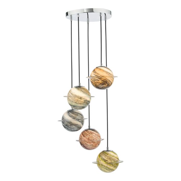 Cygnus 5 Light Cluster Pendant Polished Chrome and Planet Style Glass