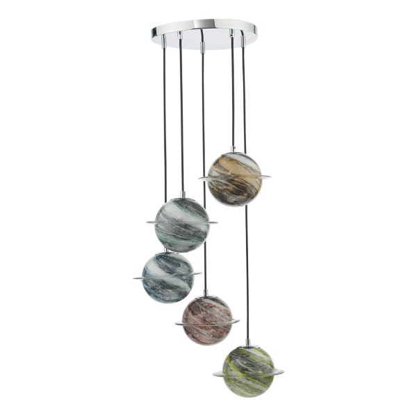 Cygnus 5 Light Cluster Pendant Polished Chrome and Planet Style Glass - Image 2