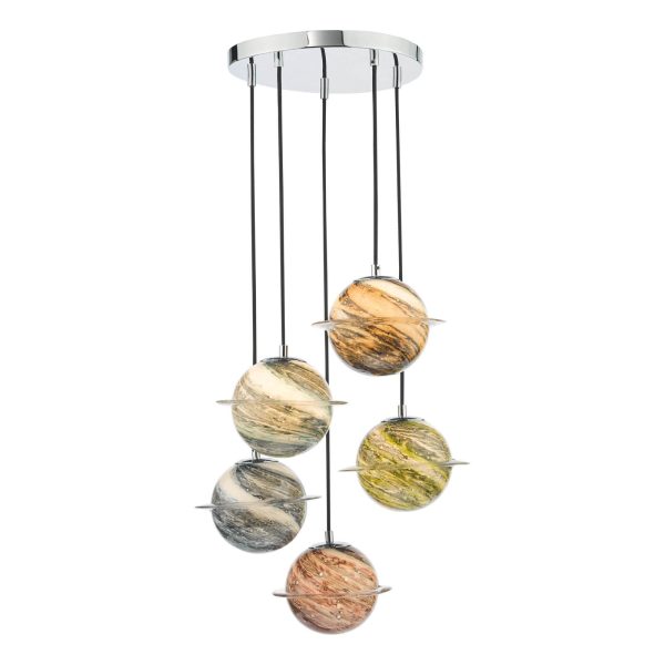 Cygnus 5 Light Cluster Pendant Polished Chrome and Planet Style Glass - Image 3