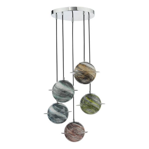 Cygnus 5 Light Cluster Pendant Polished Chrome and Planet Style Glass - Image 4