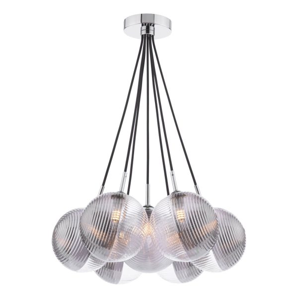 Elpis 7 Light Cluster Pendant Polished Chrome & Smoked/Clear Ribbed Glass