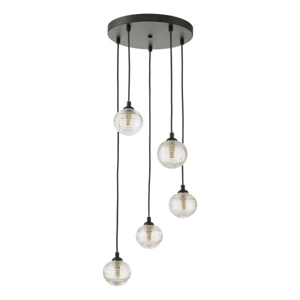 Federico 5 Light Cluster Pendant Black Clear Ribbed Glass - Image 2