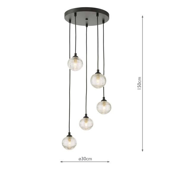 Federico 5 Light Cluster Pendant Black Clear Ribbed Glass - Image 4