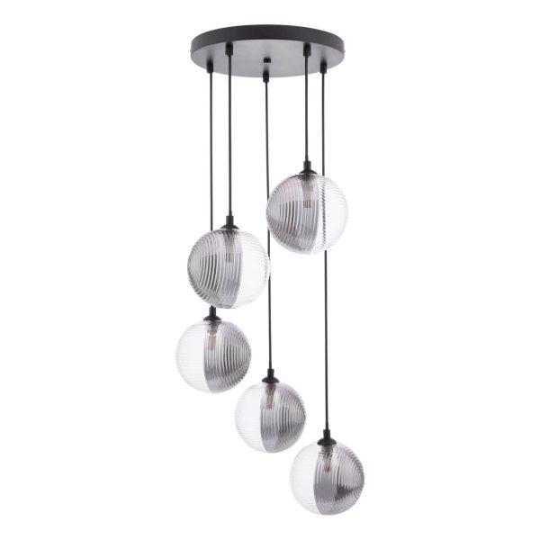 Federico 5 Light Cluster Pendant Matt Black & Smoked/Clear Ribbed Glass - Image 2