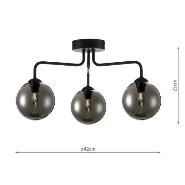 Feya 3 Light Semi Flush Ceiling Light Matt Black Smoked Glass - Image 6