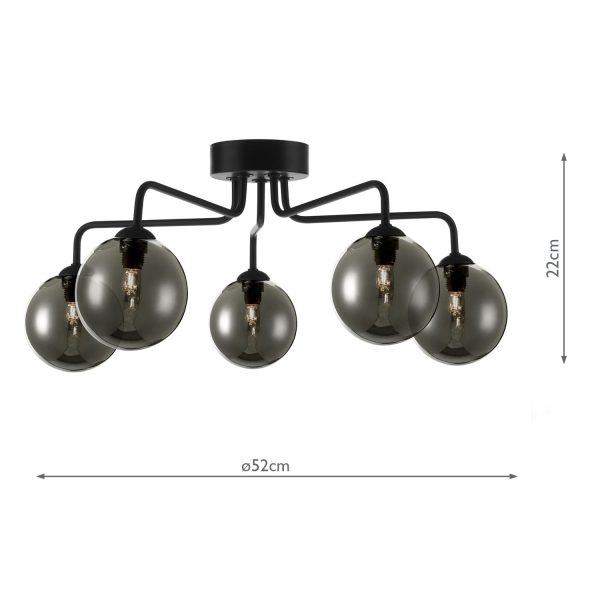 Feya 5 Light Semi Flush Ceiling Light Matt Black Smoked Glass - Image 6