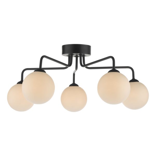 Feya 5 Light Semi Flush Ceiling Light Matt Black Opal Glass