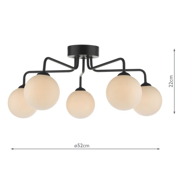 Feya 5 Light Semi Flush Ceiling Light Matt Black Opal Glass - Image 7