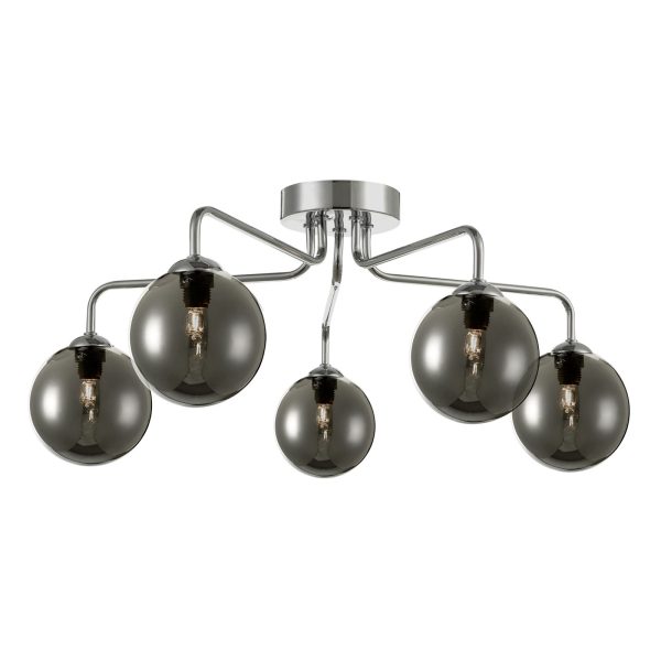 Feya 5 Light Semi Flush Ceiling Light Polished Chrome Smoked Glass