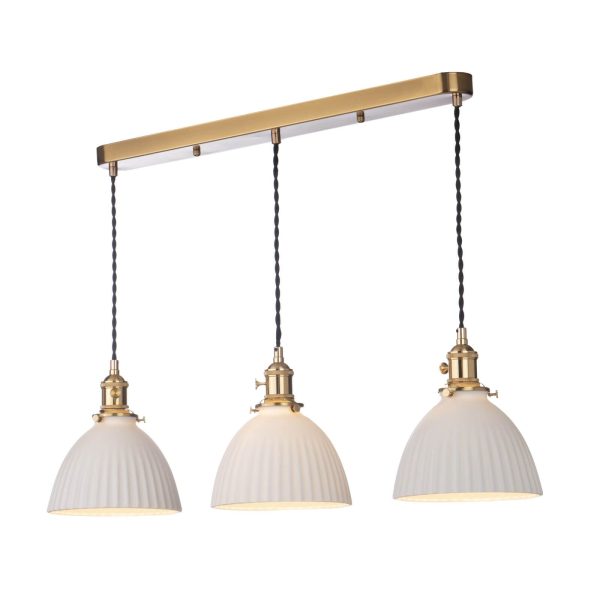 Hadano 3 Light Bar Pendant Natural Brass & Ceramic Domed Shade