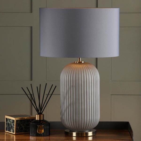 Helicon Table Lamp Grey Ribbed Glass and Antique Brass With Shade - Image 5