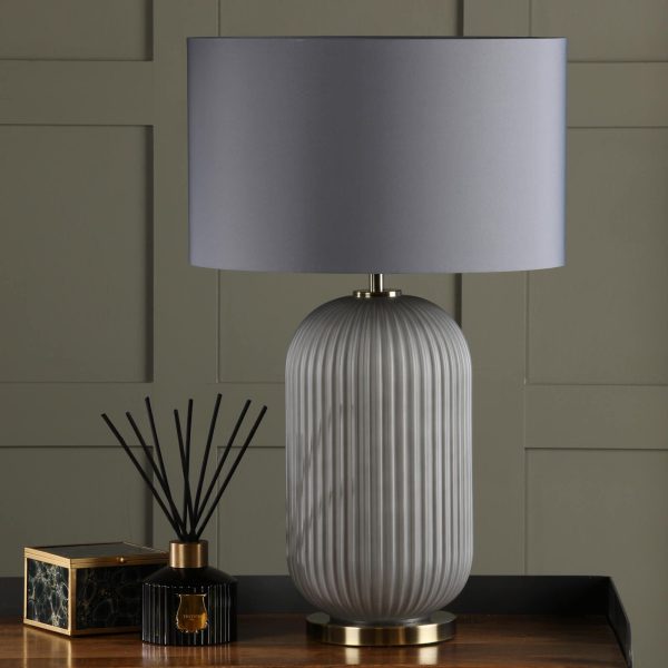 Helicon Table Lamp Grey Ribbed Glass and Antique Brass With Shade - Image 6