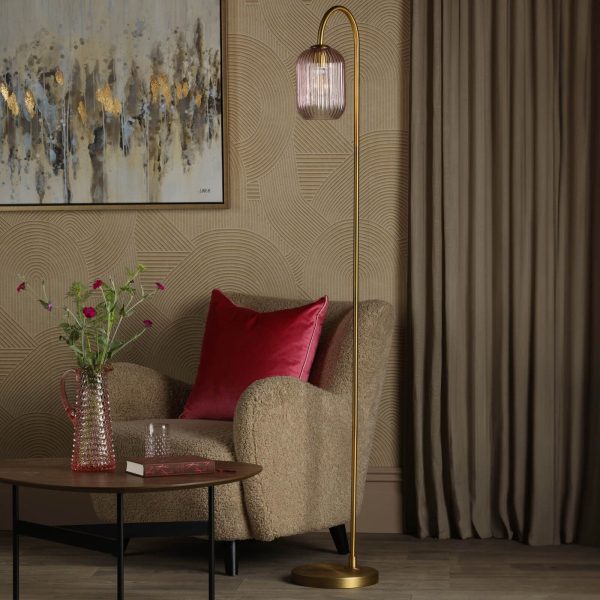 Idra Floor Lamp Aged Bronze and Pink Ribbed Glass - Image 4