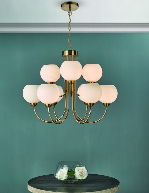 Indra 9 Light Pendant Natural Brass With Opal Glass - Image 4