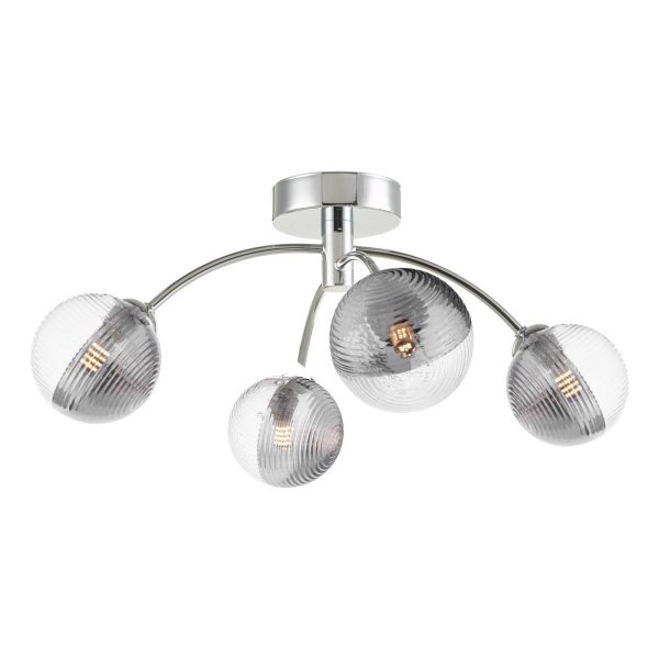 Izzy 4 Light Semi-Flush Polished Chrome & Smoked/Clear Ribbed Glass