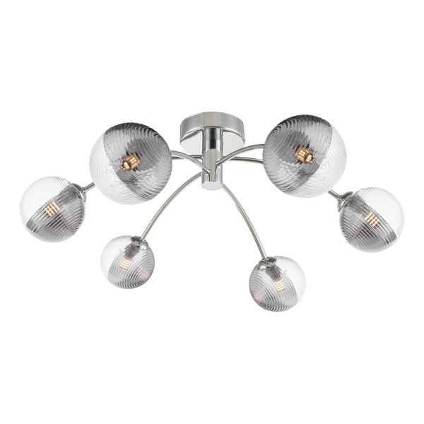 Izzy 6 Light Semi-Flush Polished Chrome & Smoked/Clear Ribbed Glass