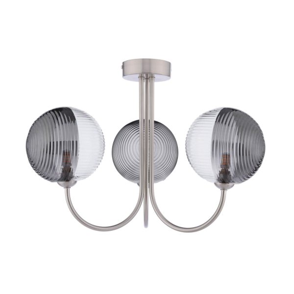 Jared 3 Light Semi-Flush Satin Nickel & Smoked/Clear Ribbed Glass - Image 2