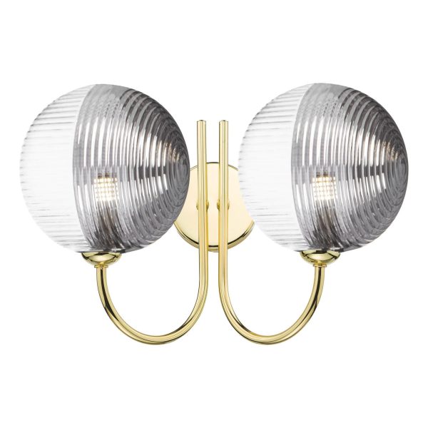 Jared 2 Light Wall Light Polished Gold & Smoked/Clear Ribbed Glass