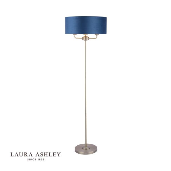 Laura Ashley Sorrento 3 Light Floor Lamp Matt Antique Brass & Blue Shade