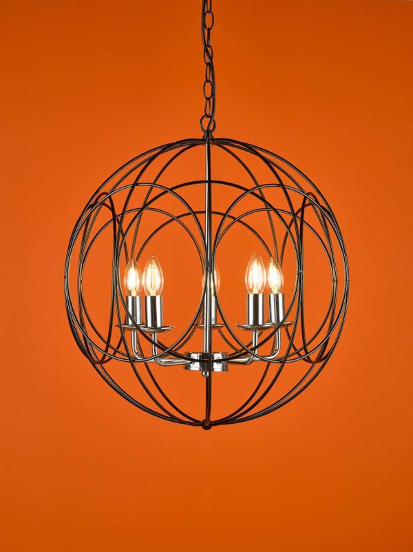 Phoenix 5 Light Pendant Matt Black With Polished Chrome Detail - Image 4