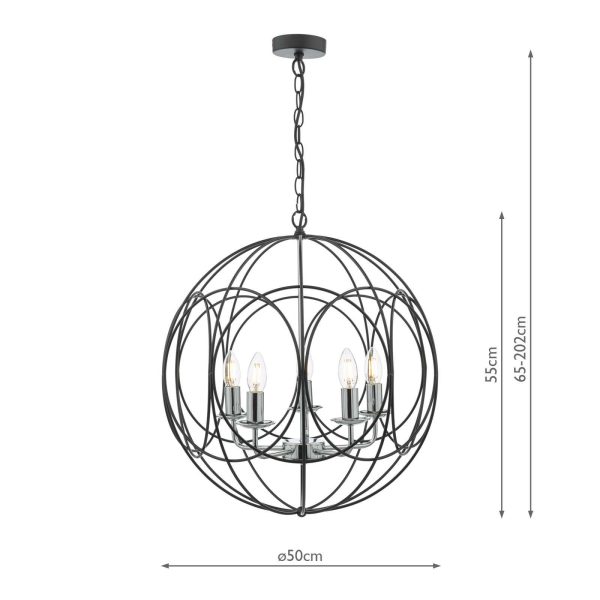 Phoenix 5 Light Pendant Matt Black With Polished Chrome Detail - Image 6