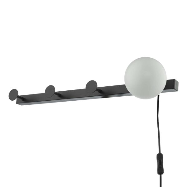 Rack Wall Light & Coat Hook Matt Black Opal Glass - Plug in - Image 2