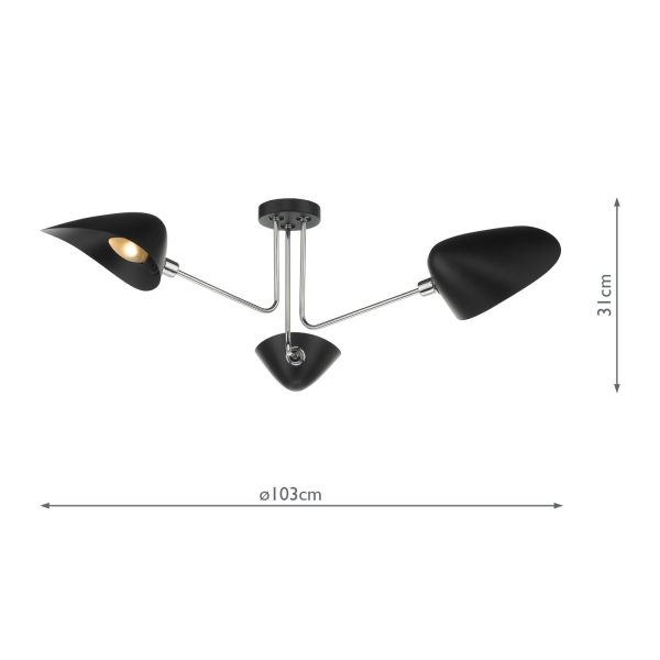 Sebastian 3 Light Semi Flush Matt Black Polished Chrome - Image 6