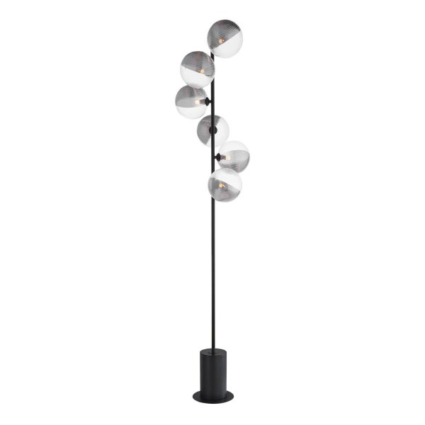 Spiral 6 Light Floor Lamp Matt Black & Smoked/Clear Ribbed Glass