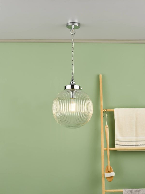 Tamara Bathroom Pendant Polished Chrome Ribbed Glass IP44 - Image 5