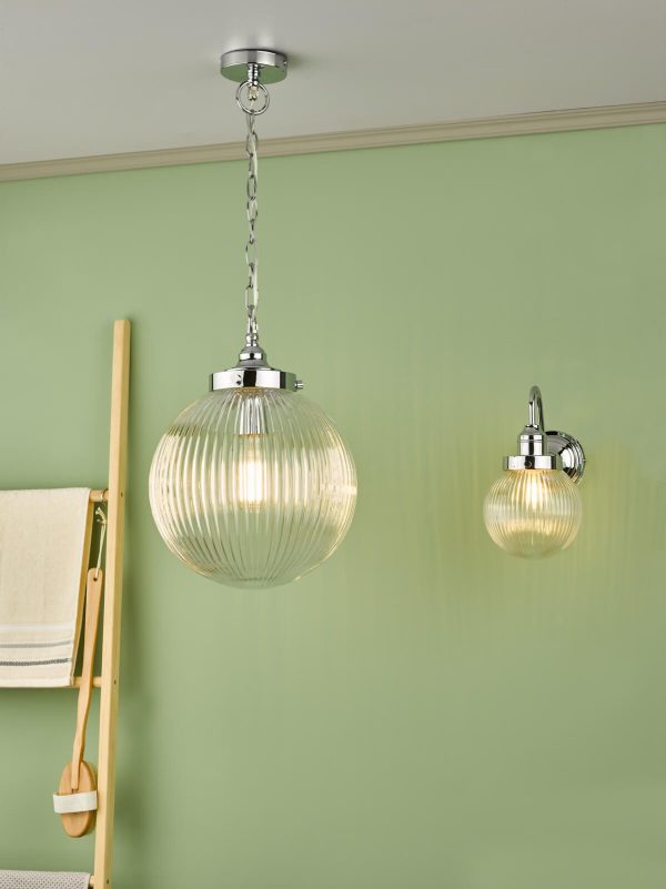 Tamara Bathroom Pendant Polished Chrome Ribbed Glass IP44 - Image 6