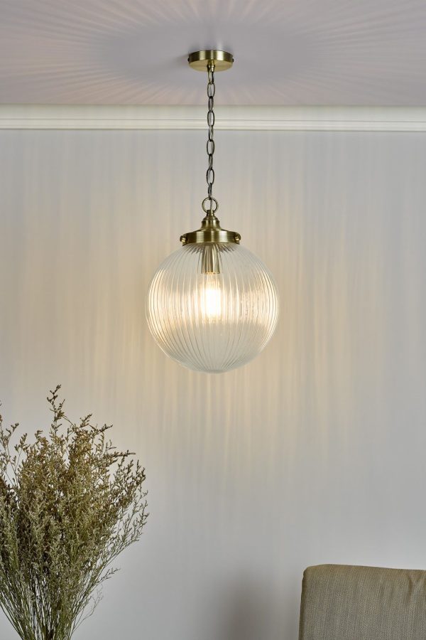 Tamara 1 Light Single Pendant Antique Brass Ribbed Glass - Image 7